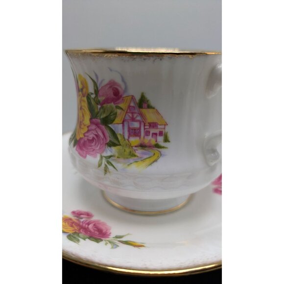 ROYAL DOVER Bone China Footed Teacup Saucer Gold Trim Cottage Rose Elegant - Picture 11 of 16